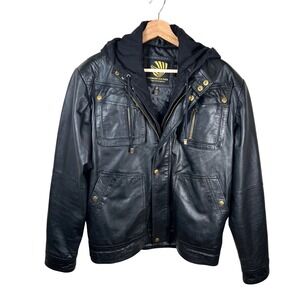 Premium Leather Men's Moto Black and Gold Tone Hooded Leather Jacket Size Medium